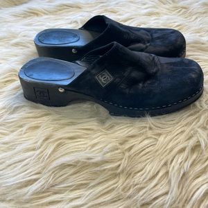 CHANEL CC Logo Suede Block Heel Clog Mules